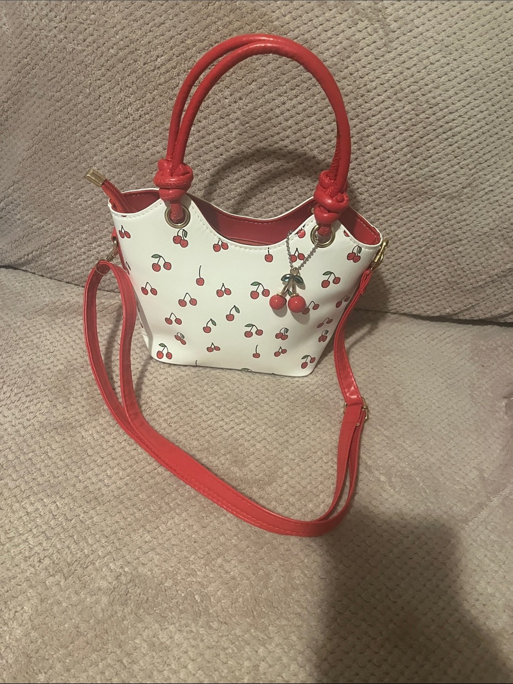 Cherry Print Women's Tote Bag with Red Trim